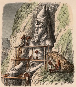 Det gamle Egypt: Utskjæring av en statue av Abu Simbel-tempelet, 1866 av Heinrich Leutemann