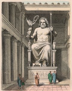 Antikkens Hellas: Zeus-statue i tempelet ved Olympia - Skulptur av Phidias, ca. 440/30 f.Kr. et av verdens syv underverker