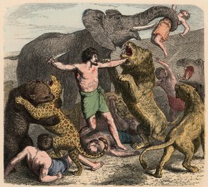 Antikkens Roma: Kriminelle blir angrepet av ville dyr, 1866 av Heinrich Leutemann