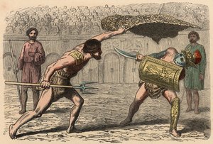 Antikkens Roma: Gladiatorkamper i amfiteateret av Heinrich Leutemann