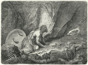 Aristomenes rømmer fra gropen som han ble kastet i av spartanerne (gravering) av Heinrich Leutemann