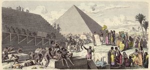 Bygging av pyramidene i det gamle Egypt (farget gravering) av Heinrich Leutemann