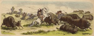 Indianere på hesteryggen jakter på bøffel (farget gravering) av Heinrich Leutemann