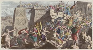 Romerske soldater stormer en by (farget gravering) av Heinrich Leutemann
