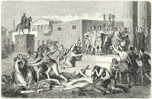 Triumviratet til Mark Antony, Marcus Aemilius Lepidus og Octavian proklamerer proskriptioner mot sine politiske fiender, 43 f.Kr. av Heinrich Leutemann