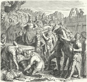 Begravelsen av Alarik I, kongen av vestgotene, i bunnen av elven Busento, 410 (gravering) av Heinrich Leutemann