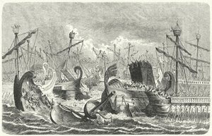 Den romerske flåtens seier over karthagerne i slaget ved Aegatene, 241 f.Kr. (gravering) av Heinrich Leutemann