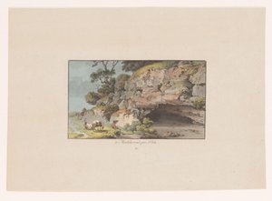 Utsikt over en gjeter med geiter ved siden av en hule ved Montcherand à montcherand, prés d'Orbe (tittel på objekt) Utsikt over Sveits (serietittel) Collection de quelques vues dessinées en Suisse d'après nature (serietittel)