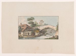 Utsikt over et hus ved en bro i Orbe à Orbe (tittel på objekt) Utsikt over Sveits (serietittel) Collection de quelques vues dessinées en Suisse d