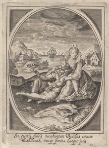 Et par satt på bakken, mannen holder en beger og lener seg tilbake mot..., ca. 1585-1621.