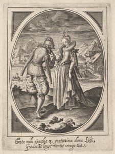 En mann går mot en kvinne som holder en beger mot munnen, en vannmølle og fjell..., ca. 1585-1621.
