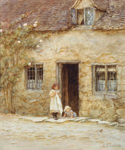 At the Cottage Door (akvarell med utskraping) av Helen Allingham