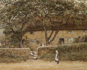 Barn utenfor en hytte (akvarell med utskraping på papir) av Helen Allingham