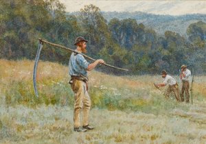 Cutting Hay in the Surrey Hills (wc på papir) av Helen Allingham