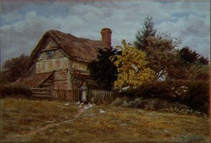 Laburnum Cottage: en kvinne som mater ender (akvarell) av Helen Allingham