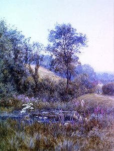 Plukker blomster ved dammen av Helen Allingham