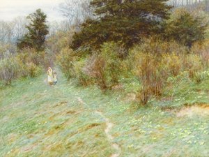 Primroses on a Surrey Heath (wc på papir) av Helen Allingham