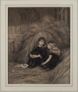To jenter i en låve (blekk på papir) av Helen Allingham