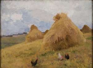 Kyllinger blant kornstokker, ca. 1888 (olje på lerret) av Helene Schjerfbeck