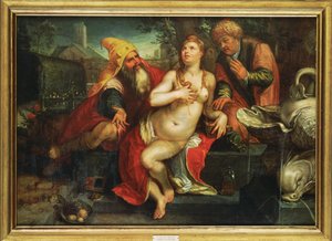 Susanna og de eldste … (maleri på tre) av Hendrick (attr. to) Goltzius