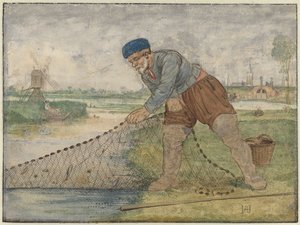 En fisker som drar i garnet sitt av Hendrick Avercamp