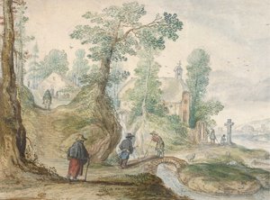 Et skogkledd elvelandskap med en kirke og figurer, ca. 1613. av Hendrick Avercamp