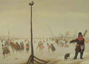 En andejeger og hunden hans i et vinterlandskap (panel) av Hendrick Avercamp
