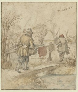 Return of the Duck Hunters / verso: Skisser av skip og av en mann i vinterklær av Hendrick Avercamp