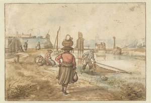 Elvelandskap med en kvinne som bærer en kurv på hodet, fiskere og andre figurer nær murene til en by av Hendrick Avercamp
