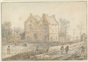 Utsikt over et landsted med såere i marken av Hendrick Avercamp