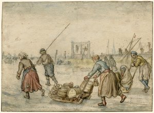 Vinterlandskap med to kvinner og en slede og andre figurer på isen, en galge i det fjerne av Hendrick Avercamp