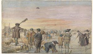 Vinterscene på isen, med en jeger som viser en oter av Hendrick Avercamp