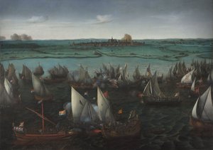 Kamp mellom nederlandske og spanske skip på Haarlemmermeer, ca. 1629 (olje på lerret)