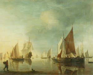 Frakt for anker offshore i et stille hav; kveldslys, ca. 1650-60 (olje på panel) av Hendrick Dubbels