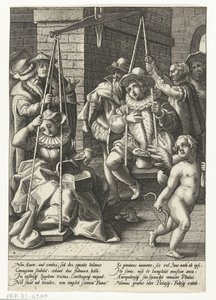 Ekteskapsskalaen Penger er den sanne kjærligheten Bryllupsskalaen Ordspråk etter Karel van Mander (serietittel) av Hendrick Goltzius (attributed to workshop of)