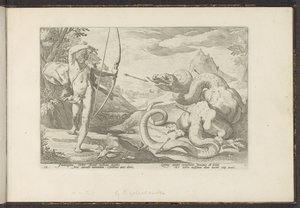 Apollo Slays the Giant Serpent Python Ovid's Metamorphoses (serietittel) P. Ovid's Recreations Naso (serietittel) av Hendrick Goltzius (workshop of)