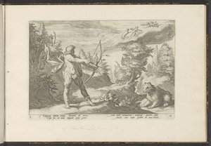 Arcas retter pilen mot Callisto Ovids metamorfoser (serietittel) Gjenskapninger av P. Ovidius Naso (serietittel) av Hendrick Goltzius (workshop of)