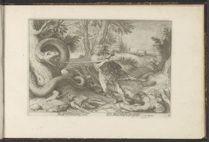 Cadmus dreper dragen Ovids metamorfoser (serietittel) Gjenskapninger av P. Ovidius Naso (serietittel) av Hendrick Goltzius (workshop of)
