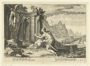 Cadmus spør orakelet i Delphi hva de skal gjøre nå som han ikke har klart å finne søsteren Europa Ovids metamorfoser (serietittel) av Hendrick Goltzius (workshop of)