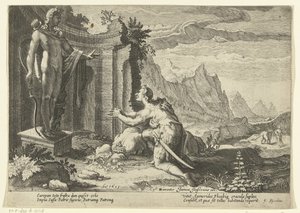 Cadmus spør oraklet i Delphi hva de skal gjøre nå som han ikke har klart å finne søsteren Europa Ovids metamorfoser (serietittel) av Hendrick Goltzius (workshop of)