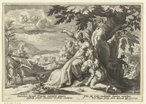 Clymene tildeler Phaethon sin far, solguden Ovids metamorfoser (serietittel) av Hendrick Goltzius (workshop of)