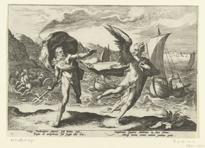 Gesimsen blir til en een kraai Neptune og Coronis Ovids Metamorfosen (serietittel) av Hendrick Goltzius (workshop of)