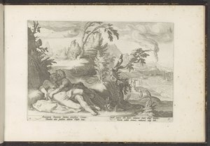 Corvus fanger jenta Coronis Ovids metamorfoser (serietittel) Gjenskapninger av P. Ovidius Naso (serietittel) av Hendrick Goltzius (workshop of)