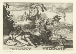 Corvus fanger jenta Coronis Ovids Metamorphoses (serietittel) av Hendrick Goltzius (workshop of)