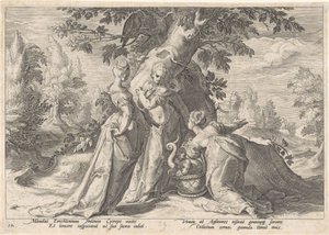 Daughters of Cecrops åpner kurven til Minerva Metamorphoses av Ovid (serietittel) av Hendrick Goltzius (workshop of)