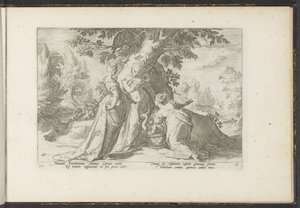 Daughters of Cecrops åpner Minerva .s kurv Ovids metamorfoser (serietittel) Gjenskapninger av P. Ovidius Naso (serietittel) av Hendrick Goltzius (workshop of)