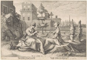Juno nærmer seg Semele i dekke av Beroe Metamorphoses of Ovid (serietittel) av Hendrick Goltzius (workshop of)
