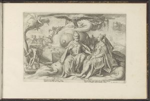 Jupiter og Juno diskuterer hvilket av kjønnene som har større kjærlighetslyst Ovids metamorfoser (serietittel) Gjenskapninger av P. Ovidius Naso (serietittel) av Hendrick Goltzius (workshop of)