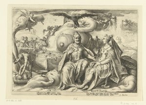 Jupiter og Juno diskuterer hvilket av kjønnene som har større kjærlighetslyst Ovids metamorfoser (serietittel) av Hendrick Goltzius (workshop of)