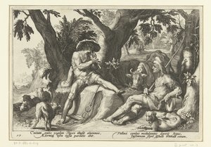 Mercury spiller fløyte for Argus Ovids metamorfoser (serietittel) av Hendrick Goltzius (workshop of)